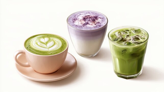 Ube and Matcha drink on white background,Iced Ube Latte,and matcha latte,PopularTrendy Purple Coffee Shop,plant based recipes,superfood,menu and banner,Healthy and wellness concept.