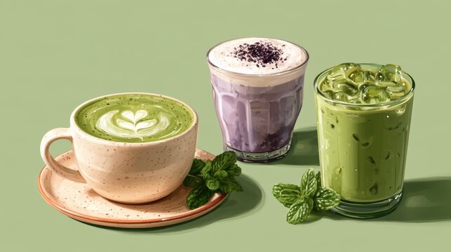 Ube and Matcha drink on white background,Iced Ube Latte,and matcha latte,PopularTrendy Purple Coffee Shop,plant based recipes,superfood,menu and banner,Healthy and wellness concept.