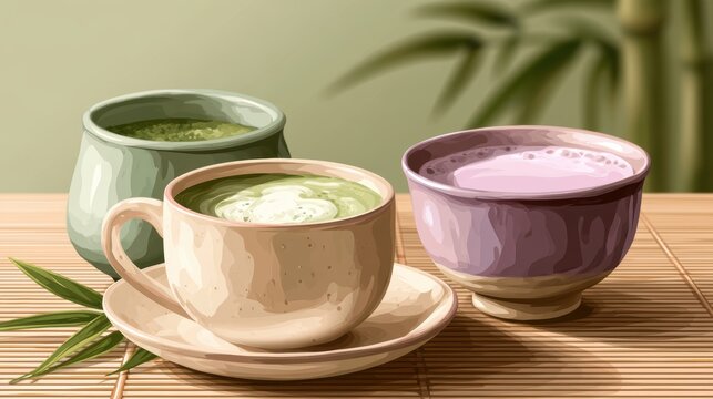 Ube and Matcha drink on white background,Iced Ube Latte,and matcha latte,PopularTrendy Purple Coffee Shop,plant based recipes,superfood,menu and banner,Healthy and wellness concept.