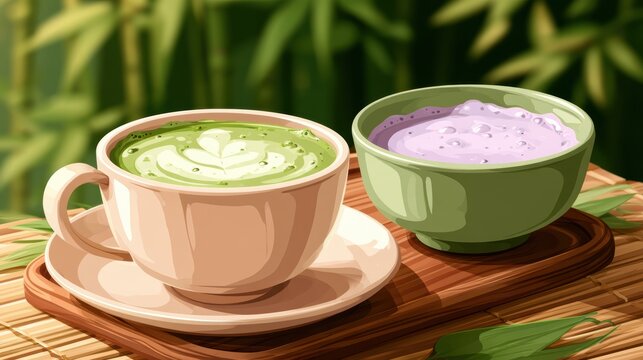 Ube and Matcha drink on white background,Iced Ube Latte,and matcha latte,PopularTrendy Purple Coffee Shop,plant based recipes,superfood,menu and banner,Healthy and wellness concept.