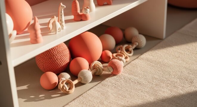 Soft Pastel Baby Toys on Shelf Giraffe Dino Balls Rattles Teethers Natural Light