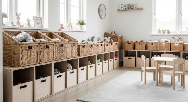 Organized Childrens Playroom with Toy Storage Baskets and Wooden Furniture