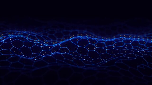 Futuristic hexagonal data network animation with glowing blue mesh and golden particles, abstract technology background for blockchain, cybersecurity and secure digital communication.
