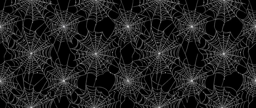 Seamless repeating pattern of white spider webs and cobwebs on solid black background, spooky Halloween texture