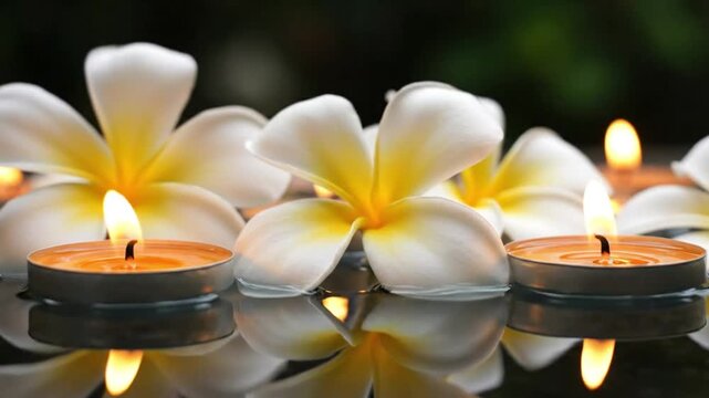 Burning Candles and Fresh White Frangipani Flowers Floating on Water with Reflection