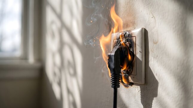 Electrical fire on wall outlet with burning power plug, short circuit causing flames and smoke, dangerous domestic house fire hazard