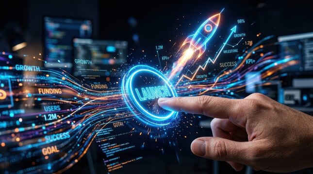 Business launch button activation with rocket and digital data streams