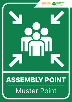 Assembly Point Sign Flat Vector for Emergency Evacuation, Assembly point sign, muster point, gathering area sign, Green Assembly Point Muster Vector Sign for Emergency Safety, assemblypoint