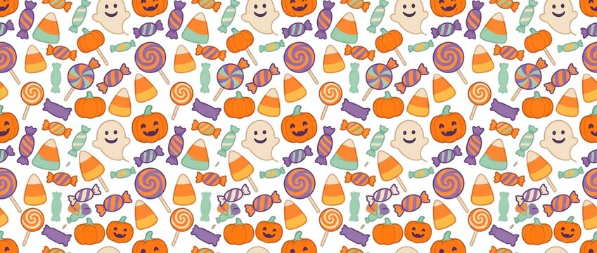 Cute Halloween Candy Seamless Pattern with Lollipops and Ghosts