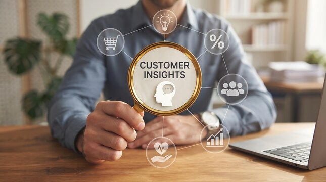 Businessman holding magnifying glass focusing on customer insights icon with virtual marketing infographic icons for audience research and consumer behavior strategy analysis