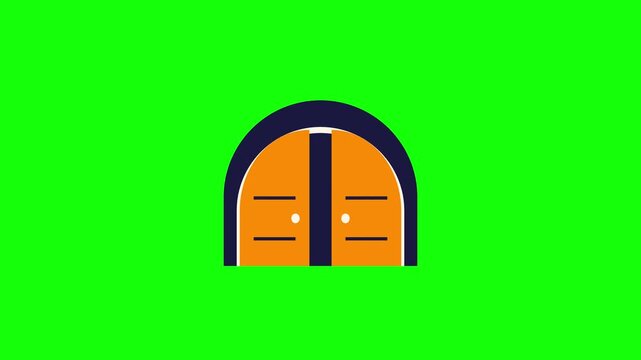 Flat vector animation icon of orange arched double doors isolated on a green screen background, featuring minimalist graphic design and a dark interior for video motion graphics.
