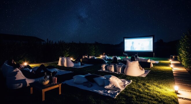 Outdoor Cinema Night People Enjoying Movie Under Starry Sky on Beanbags