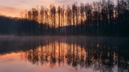 Fototapeta premium Serene sunrise over a tranquil lake reflects the sky’s hues into the still water surrounded by dense forest trees for peaceful nature photography.
