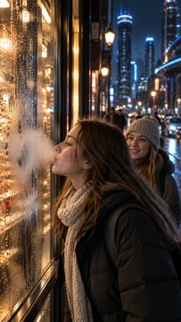 Young women pause at shop window for night shopping, with one woman fogging glass and other smiling nearby. Their winter clothes and bright urban lights create lively city mood beside retail display.