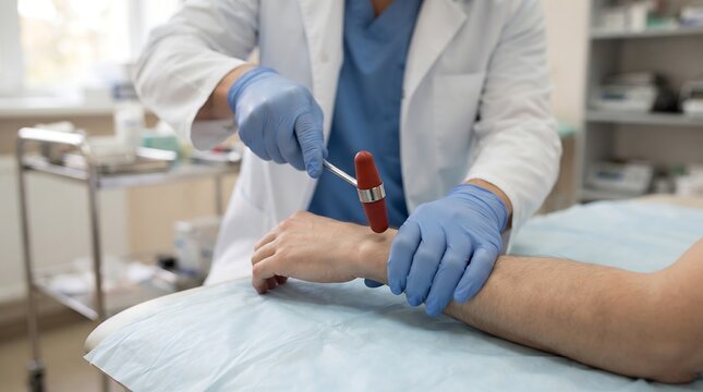 Neurological Examination: Doctor Using a Reflex Hammer to Test Patient's Arm Reflexes in a Clinic - Neurology, Healthcare, and Physical Diagnosis Concept.