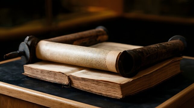 An ancient scroll with Hebrew text rests atop an open book on a wooden surface  illuminated by warm light