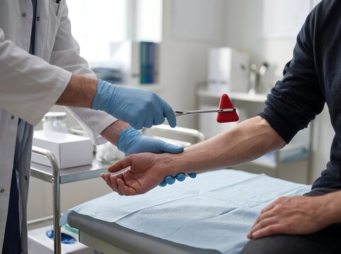Doctor testing patient wrist reflexes using reflex hammer during neurological physical exam in clinical examination room for nerve response and joint diagnosis