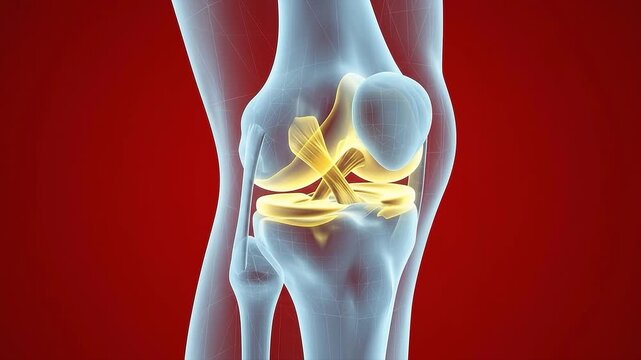 3D medical illustration of human knee joint anatomy showing highlighted ligaments and meniscus on a red background