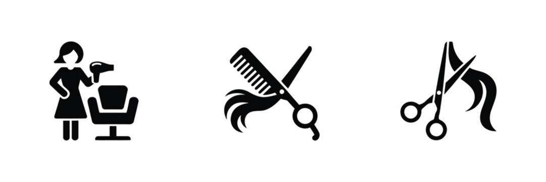 Hairdressing salon equipment, barber scissors, comb, hair dryer and professional grooming tools, hairstyling accessories, beauty care, vector graphics.