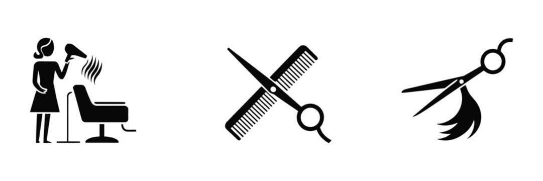 Hairdressing salon tools, barber scissors, comb, hair dryer and professional styling equipment, beauty grooming, hairstyling services, vector illustration.
