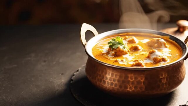 Traditional Indian Butter Chicken Curry Served in Copper Handi Bowl
