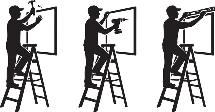 Black silhouette of a worker on a stepladder using tools like a hammer, drill, and spirit level to install a frame on a wall, isolated