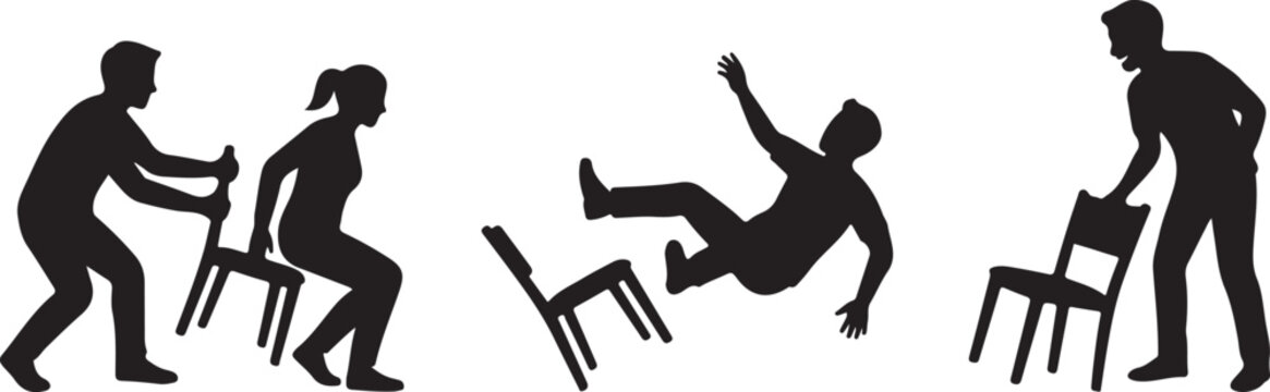 Black silhouette showing a person pulling a chair away from someone causing them to fall backwards onto the floor in a prank scenario