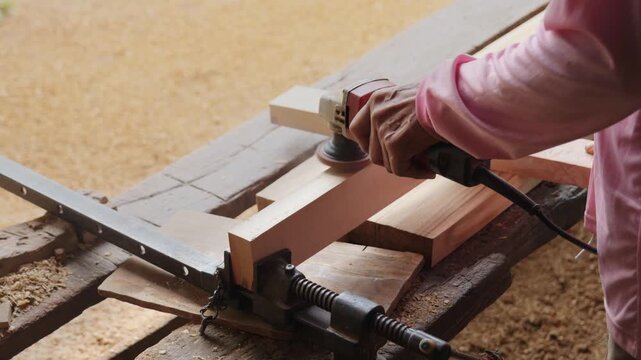 Carpenter's hands using an electric orbital sander to smooth a wooden plank in a woodworking workshop, part of the furniture making and finishing process.	