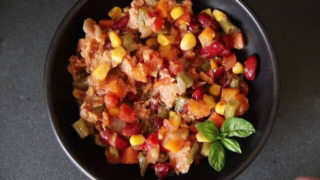 Mexican Fish Salad red beans, corn, green beans, carrots, and bell peppers delicious snack gourmet dish table setting rustic dish top view copy space keto or paleo diets vegetarian food