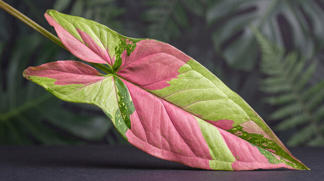 Diagonal macro close-up of Syngonium Pink Splash leaf with large bold pink patches and lime green tissue