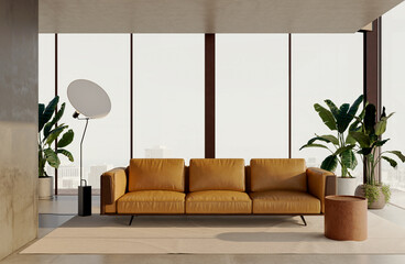 Fototapeta premium 3D rendering, 3d illustration, Large Luxury modern living room interior, brutalist architecture realistic lighting, Graphic Overlay wide angle, contemporary furniture, clean lines, minimalist decor,