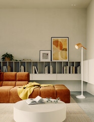 Fototapeta premium 3D rendering, 3d illustration, Large Luxury modern living room interior, brutalist architecture realistic lighting, Graphic Overlay wide angle, contemporary furniture, clean lines, minimalist decor,