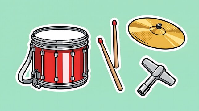Vibrant vector stickers of drum set components: snare, cymbal, drumsticks, and tuning key.