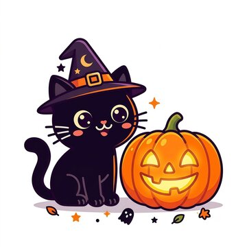 Ilustrasi Kucing Hitam Penyihir dan Labu Halloween Kawaii