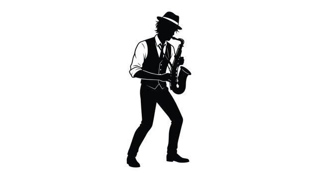 Silhouette of a Jazz Musician: A stylized silhouette of a man playing the saxophone, dressed in a vest and fedora, captures the essence of jazz music.