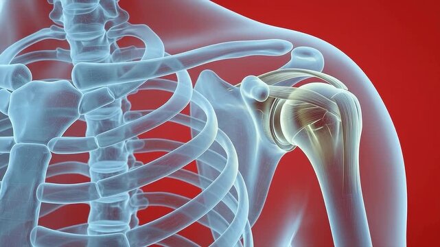 Anatomical 3D Illustration of Human Shoulder Joint with Highlighted Muscles and Ligaments, Orthopedic Medical Concept on Red Background