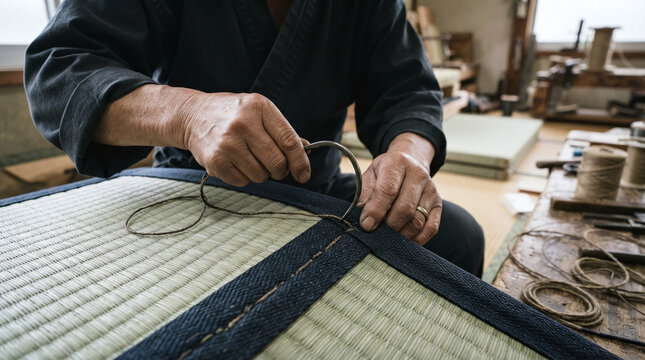 Tatami master hands stitching dark fabric border with curved needle