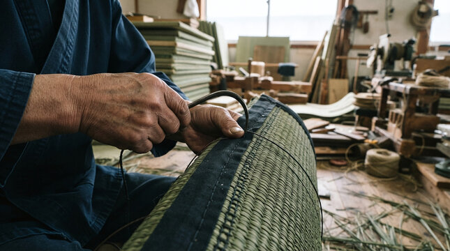 Tatami master hands stitching dark fabric border with curved needle