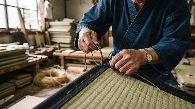 Tatami master hands stitching dark fabric border with curved needle