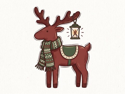 Wrapped in a festive patterned scarf, a noble reindeer carries a glowing lantern from his antler. A beacon of warm candlelight guides weary travelers softly through the quiet winter woods. An enchanti
