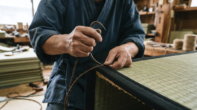 Tatami master hands stitching dark fabric border with curved needle