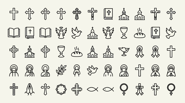 Christian Icon Set featuring minimalist black line art symbols including crosses, bibles, and churches on a light background, ideal for religious educational materials and church website design.