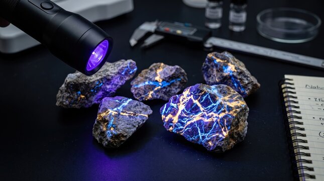 Mineral Exploration with UV Light Revealing Fluorescent Patterns on Rocks and Scientific Tools