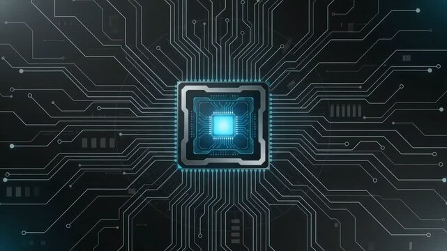 Animated Microchip with Glowing Circuits and Data Flow on a Digital Circuit Board - AI, Technology, and Futuristic Computing Concept.