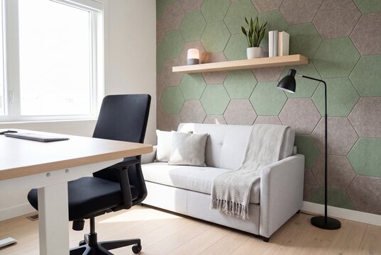 Home Office Sleeper Sofa and Sage Felt Acoustic Wall Panels