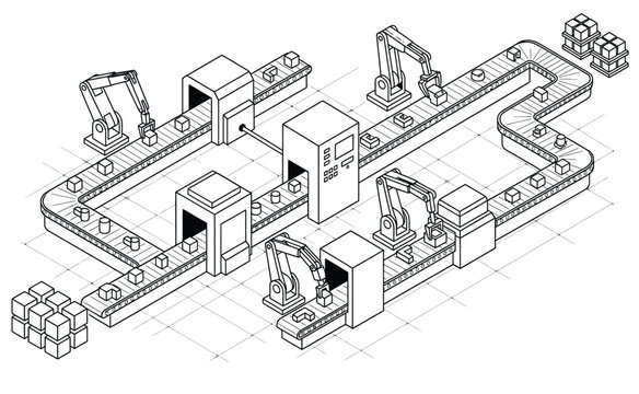 Isometric automated factory production line vector, industrial robotic arm assembly system, smart manufacturing conveyor belt with boxes