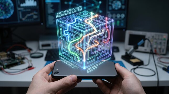 Smartphone projecting a holographic quantum superposition cube in lab