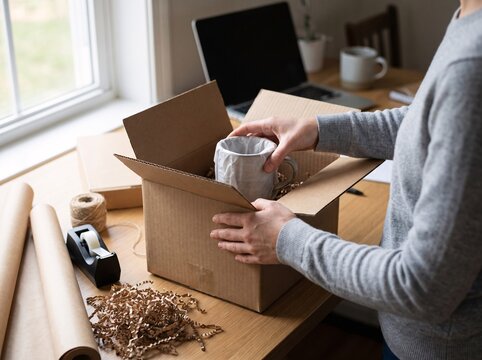 Entrepreneur packing ceramic mug in cardboard box for online order