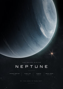 Planet Neptune Close-Up Against a Star Field, Educational Astronomy Poster