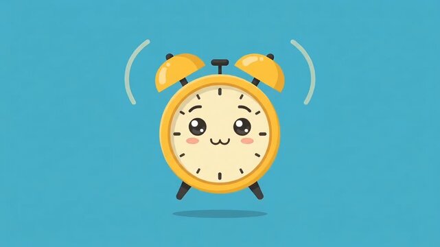 Cute Kawaii Alarm Clock Waking Up and Ringing Animation, Yellow Cartoon Clock Character on Blue Background.